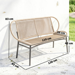 Banc de jardin 2 places design résine filaire effet rotin naturel métal noir