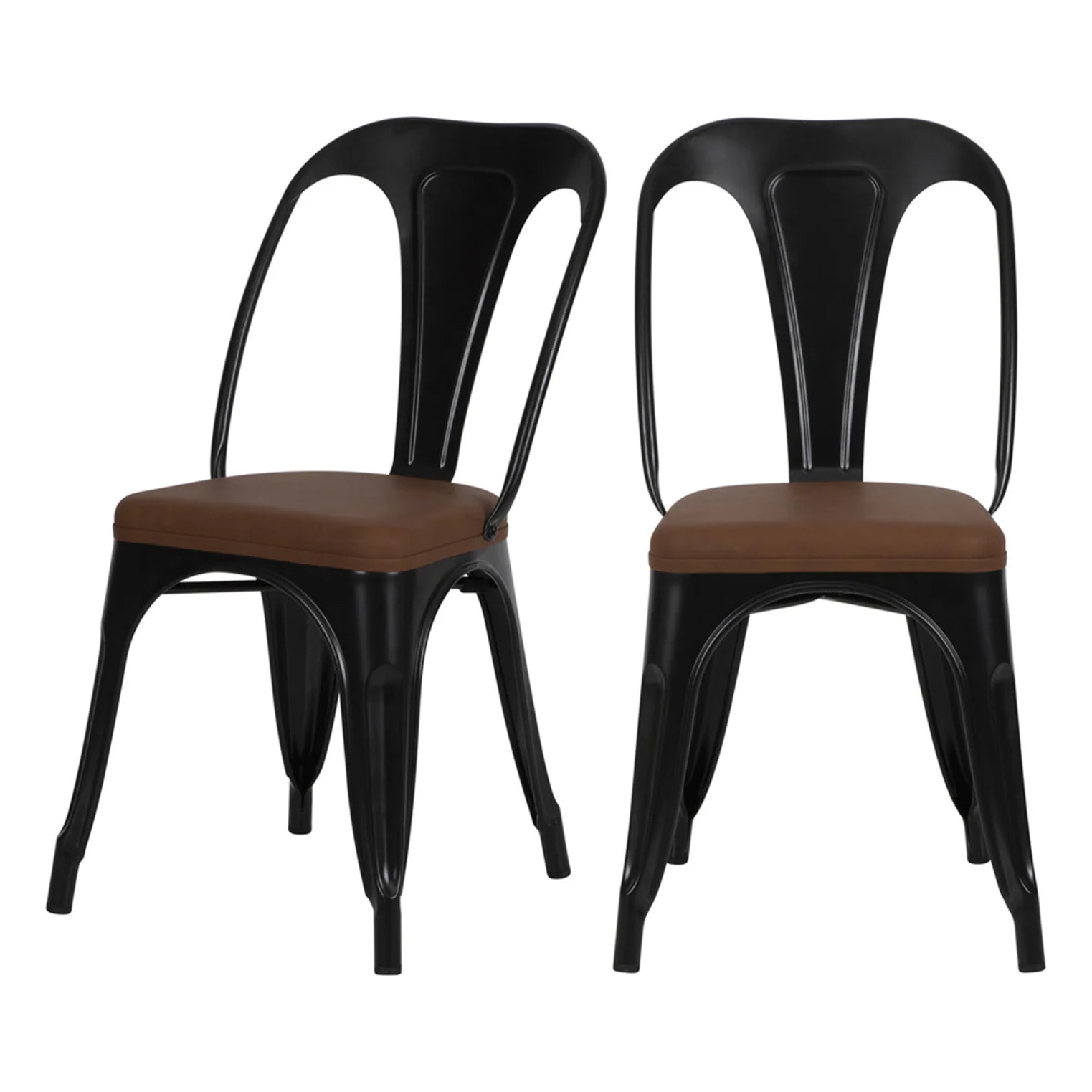 Lot de 2 chaises en métal noir et cuir synthétique marron - Charly