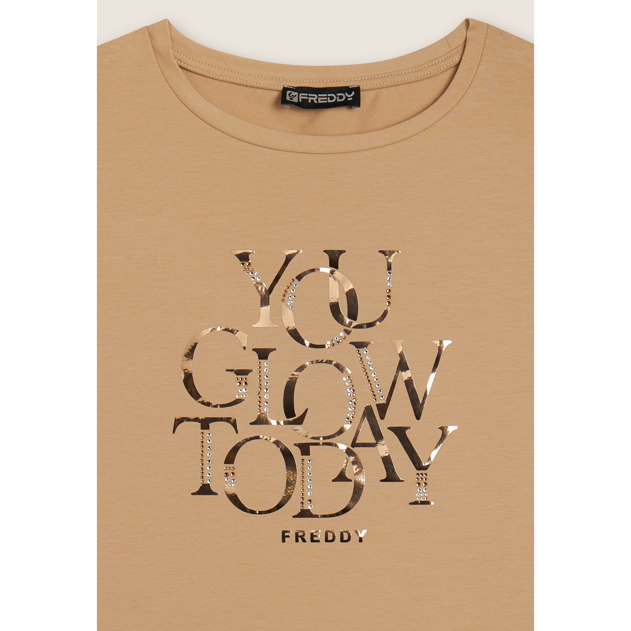 T-shirt con strass “You Glow Today”