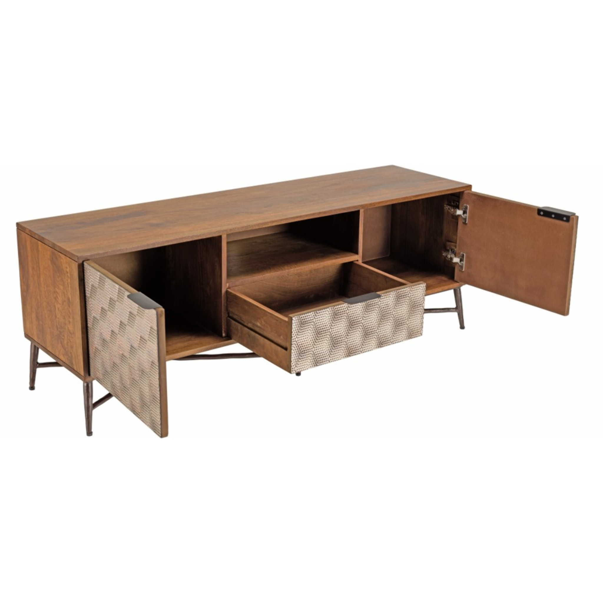 ALIX - Meuble TV en bois de manguier 2 portes 1 tiroir motifs ethniques