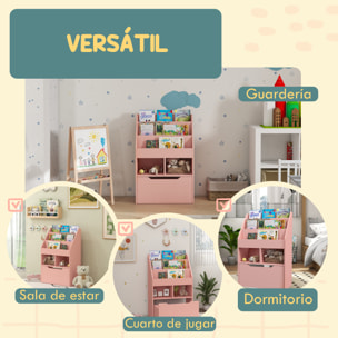 Estantería Infantil de Madera con 3 Compartimentos 2 Cubos y Cajón Móvil con 4 Ruedas Librería Infantil para Habitación de Niños Sala de Juegos 60x29,9x90 cm Rosa