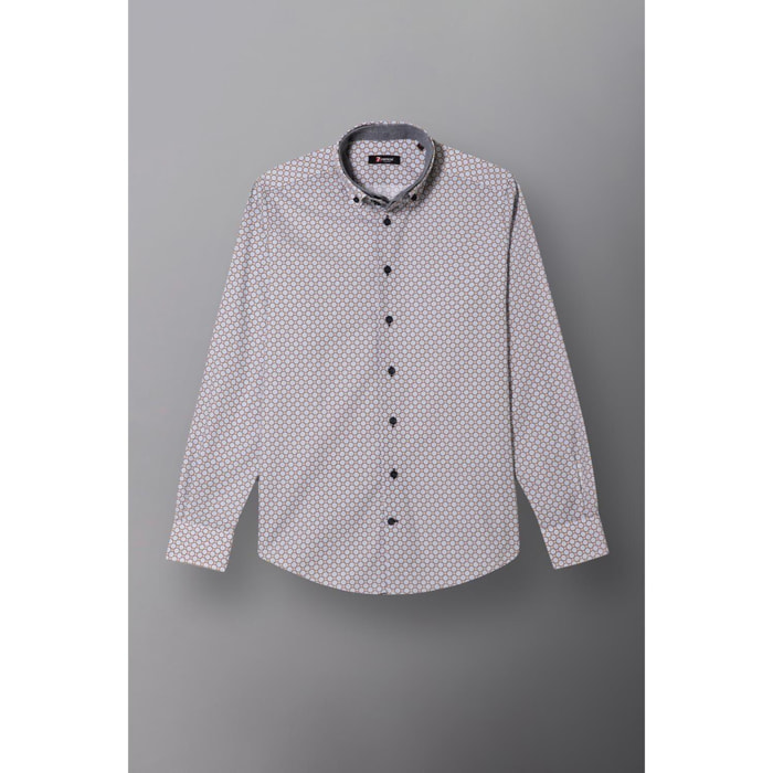 Camicia Uomo 2bottoni Button Down Doppio Collo Slim Popeline Stampato Senape Celeste