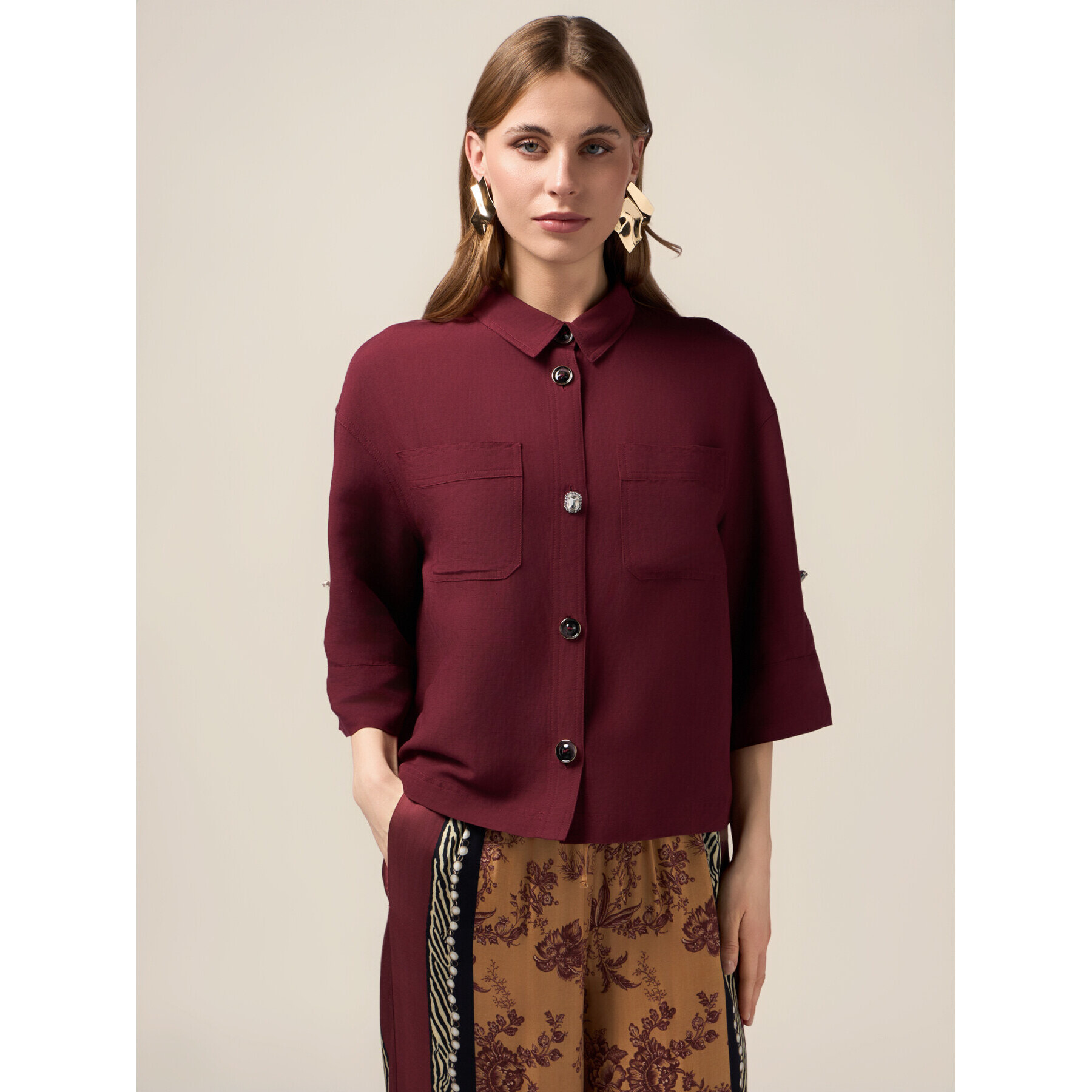 Oltre - Chaqueta boxy de mezcla de lino - Burgundy