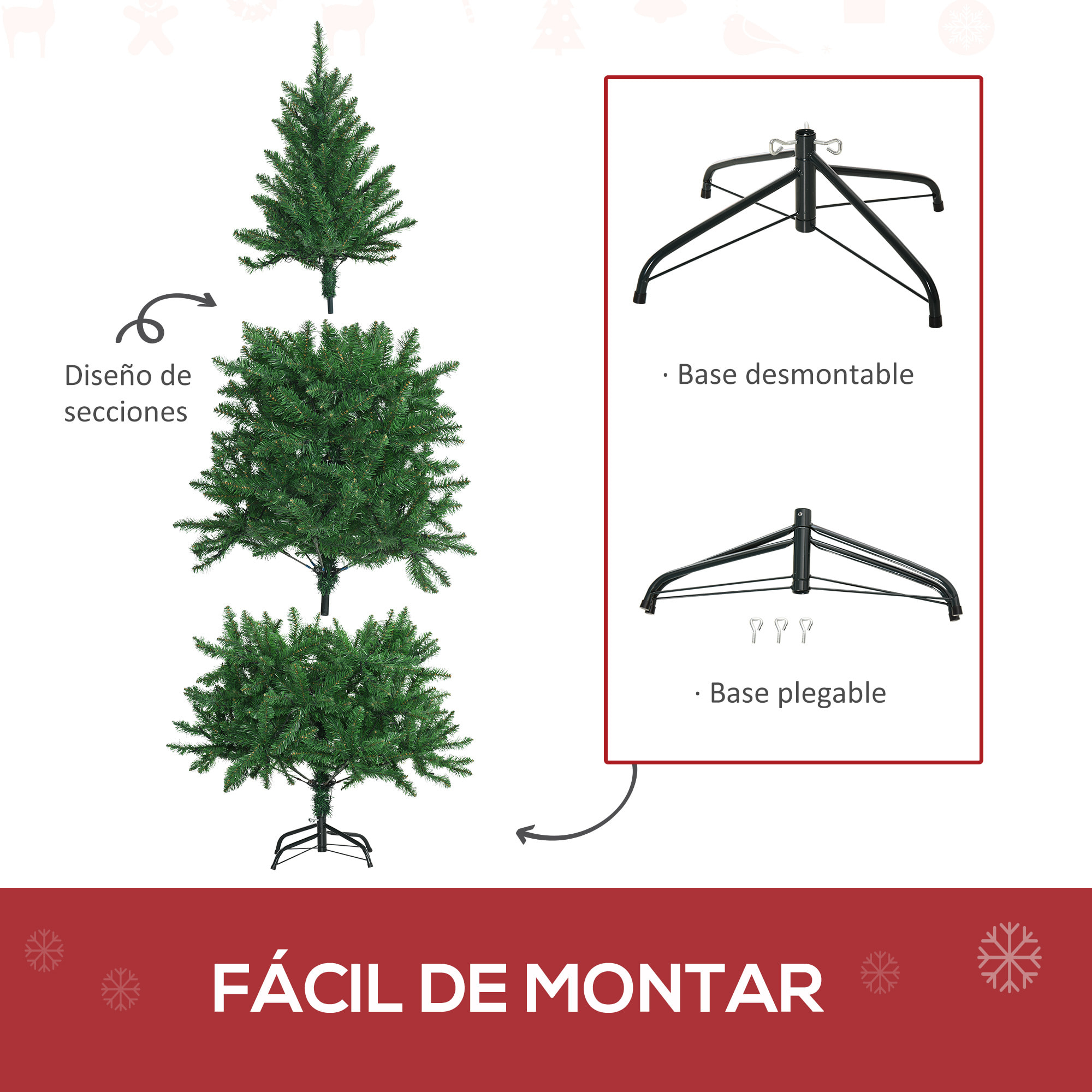 árbol de Navidad Artificial Altura 180 cm Ignífugo con 714 Ramas 200 Luces LED