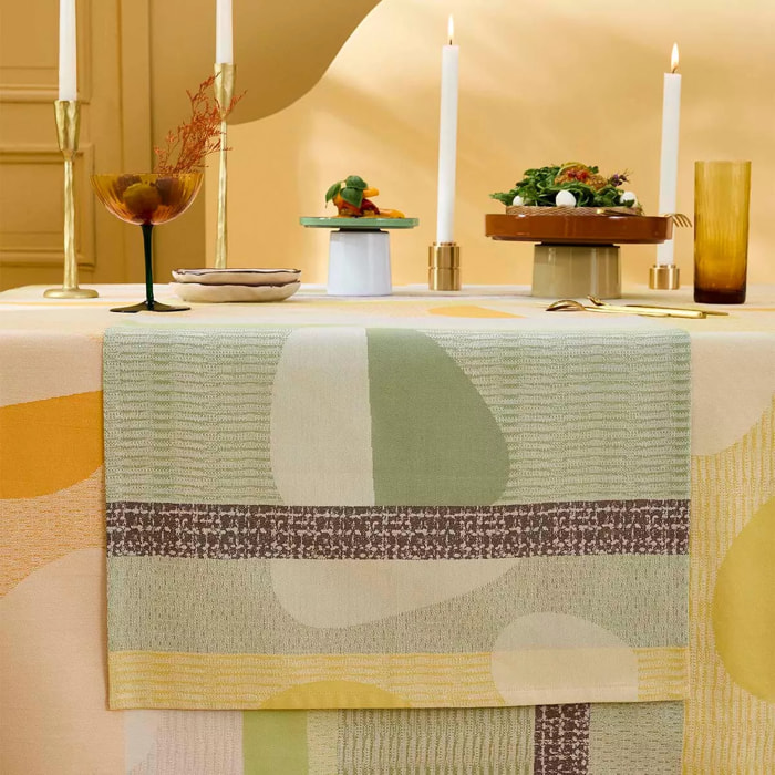 Chemin de table pur coton 205 g/m² motif jacquard vert orange Mille galets terre cuite