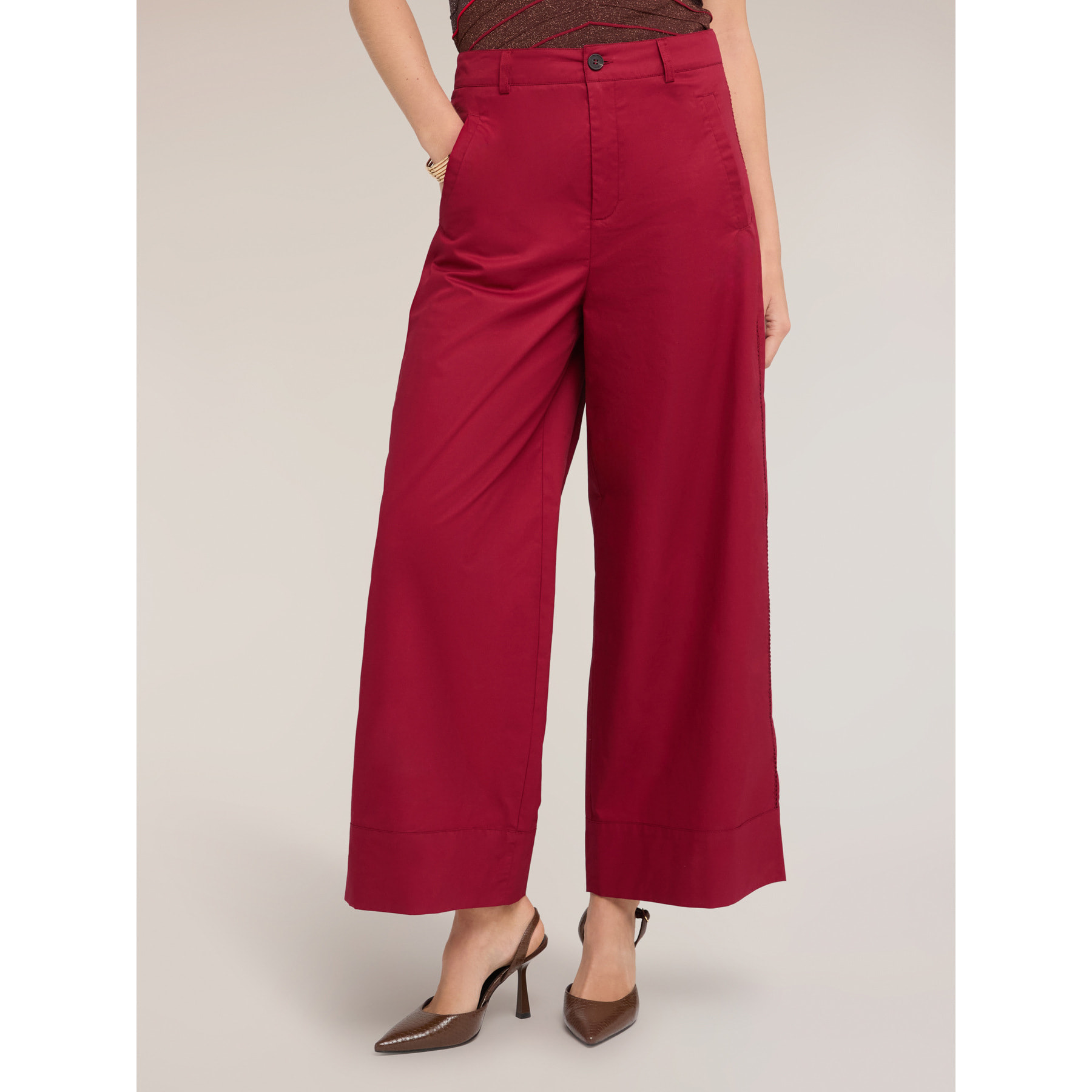 Motivi - Pantalones cropped de sarga de algodón - Rojo