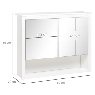 Armario de Pared con Espejo Mueble Suspendido de Baño Armario Colgante para Baño con 2 Puertas de Vidrio y Estante de Almacenamiento 80x20x65 cm Blanco