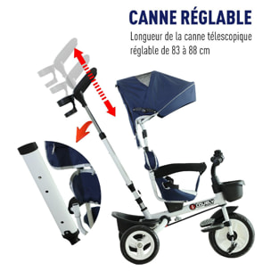 Tricycle enfant évolutif pliable pare-soleil pliable canne télescopique amovible 118L x 53l x 105H cm métal blanc bleu noir