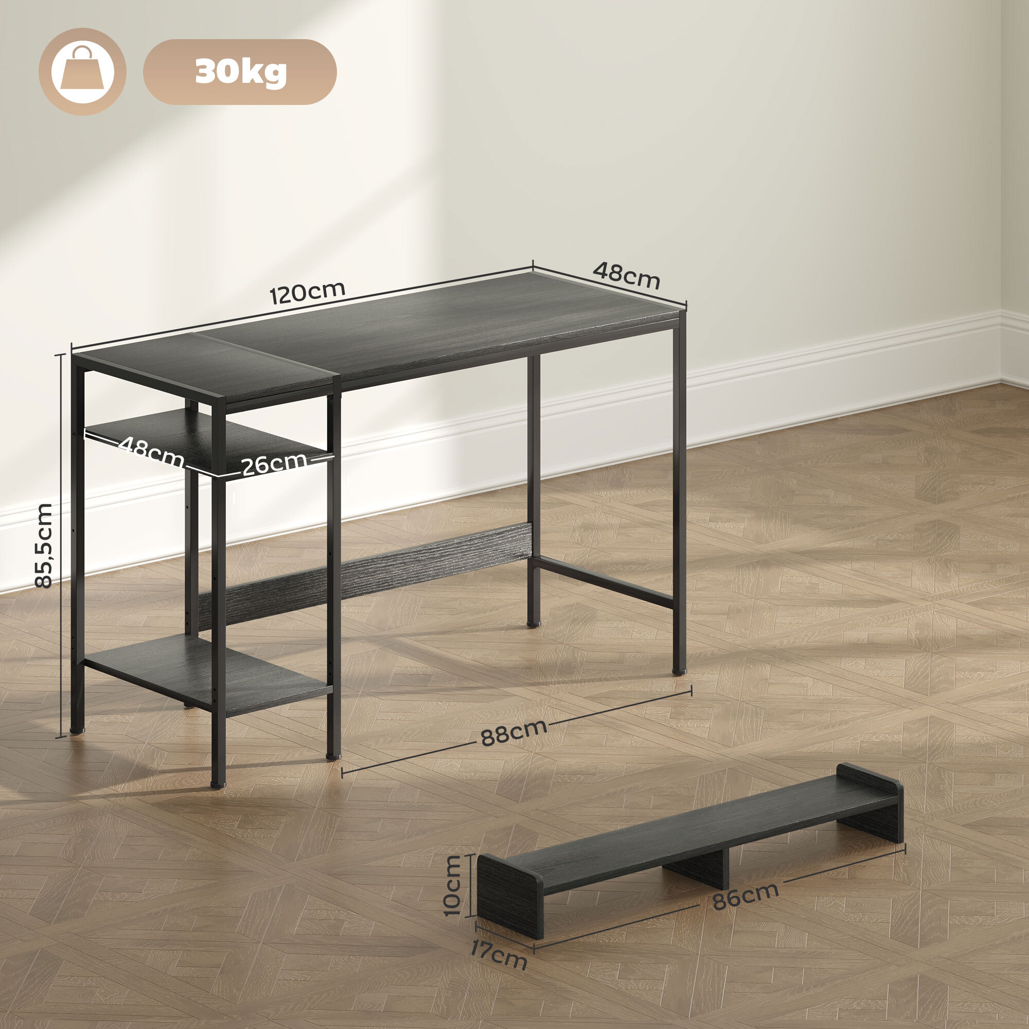 Escritorio Moderno Mesa de Escritorio con Estantes Laterales Soporte para Monitor Ajustable y Estructura Móvil Mesa de Ordenador para Oficina Estudio 120x48x85,5 cm Gris Carbón