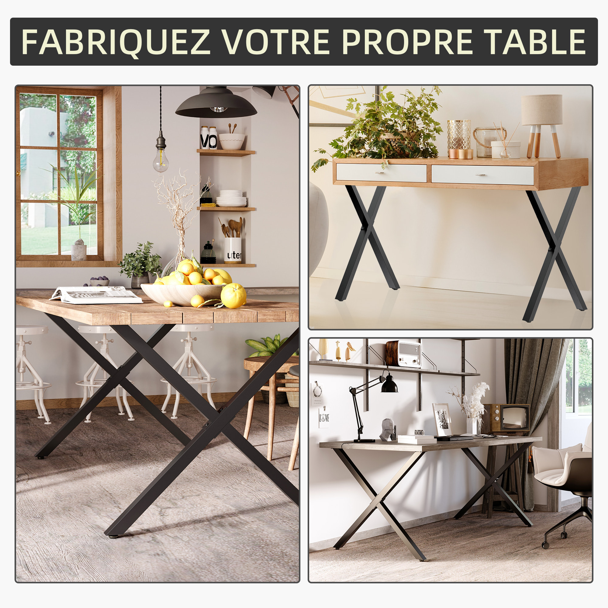 Lot de 2 pieds de table design industriel en croix - piètement antidérapant - dim. 80L x 4l x 72H cm - acier époxy noir