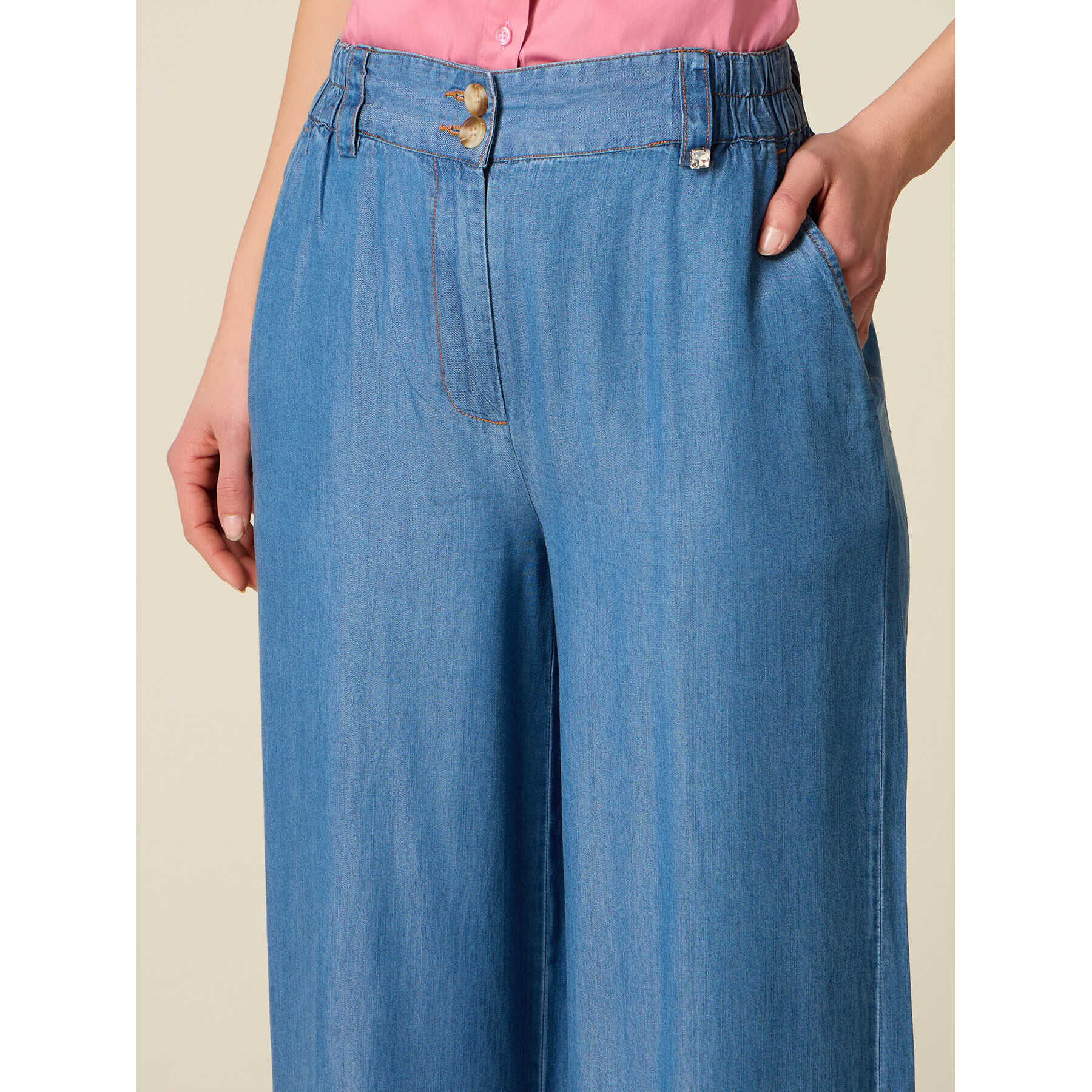 Oltre - Pantalones palazzo de tencel efecto denim - Azul