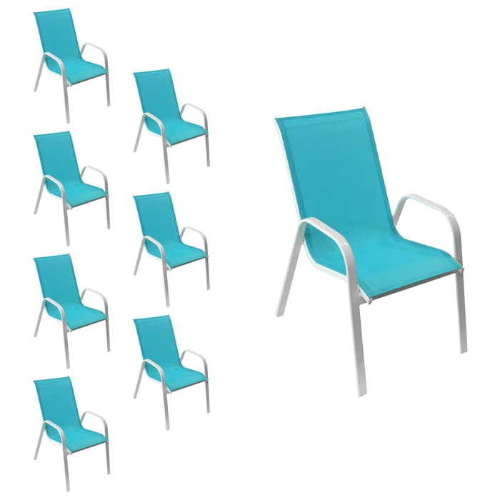 Lot de 8 chaises MARBELLA en textilène bleu - aluminium blanc