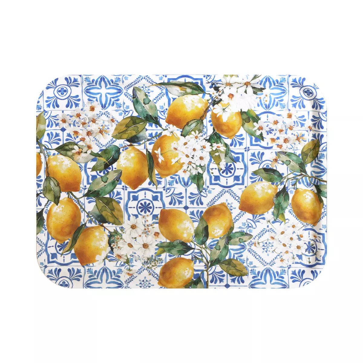 Plateau bois imprimé jaune vert Citrons azulejos bleu