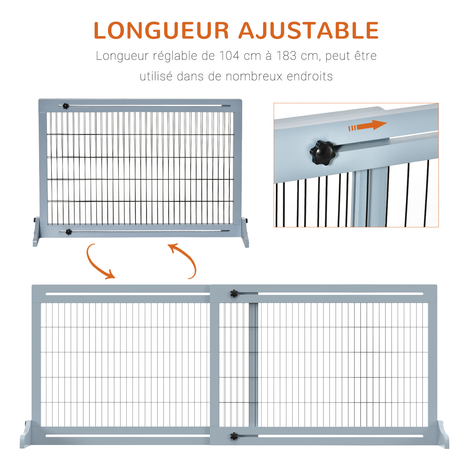 Barrière de sécurité chien barrière autoportante longueur réglable dim. 104-183L x 36l x 69H cm bois pin gris acier noir