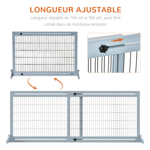 Barrière de sécurité chien barrière autoportante longueur réglable dim. 104-183L x 36l x 69H cm bois pin gris acier noir