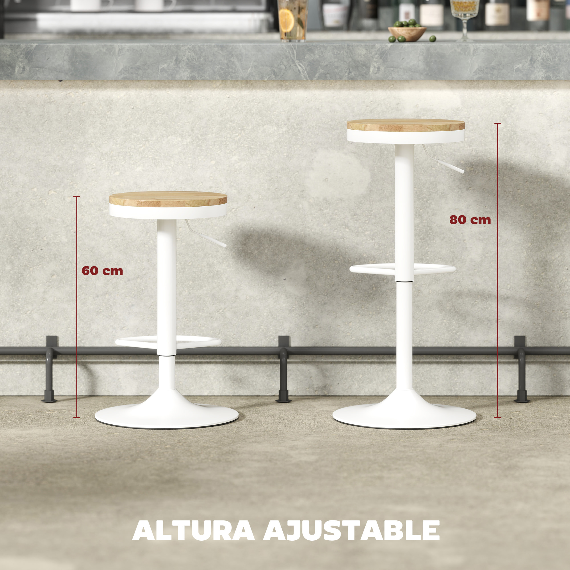 Juego de 2 Taburetes de Bar Giratorios Taburetes Altos de Cocina con Altura Ajustable 60-80 cm Asiento de Madera Marco de Acero y Reposapiés para Comedor Mostrador Natural y Blanco