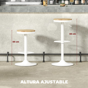 Juego de 2 Taburetes de Bar Giratorios Taburetes Altos de Cocina con Altura Ajustable 60-80 cm Asiento de Madera Marco de Acero y Reposapiés para Comedor Mostrador Natural y Blanco