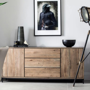 Buffet contemporain chêne massif encadrement métal noir HUDSON