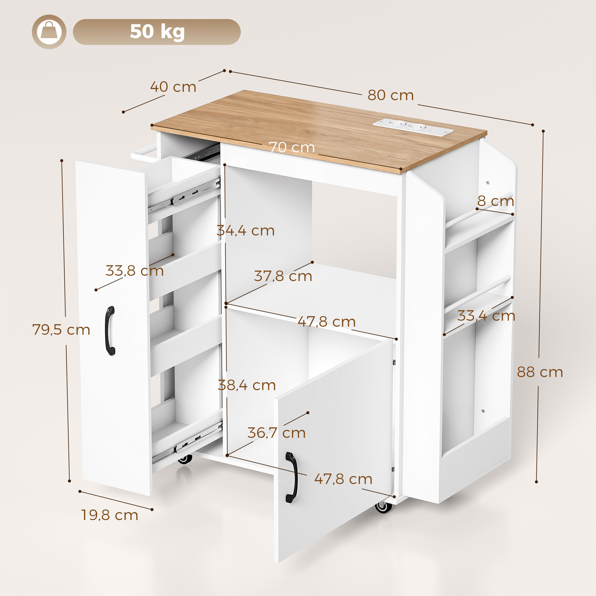 HOMCOM Carrito de Cocina con Ruedas y Estación de Carga, Carro de Cocina Rodante con Armario, Organizador Extraíble, Especiero y Barra de Toallas para Comedor o Salón, 80x40x88 cm, Blanco