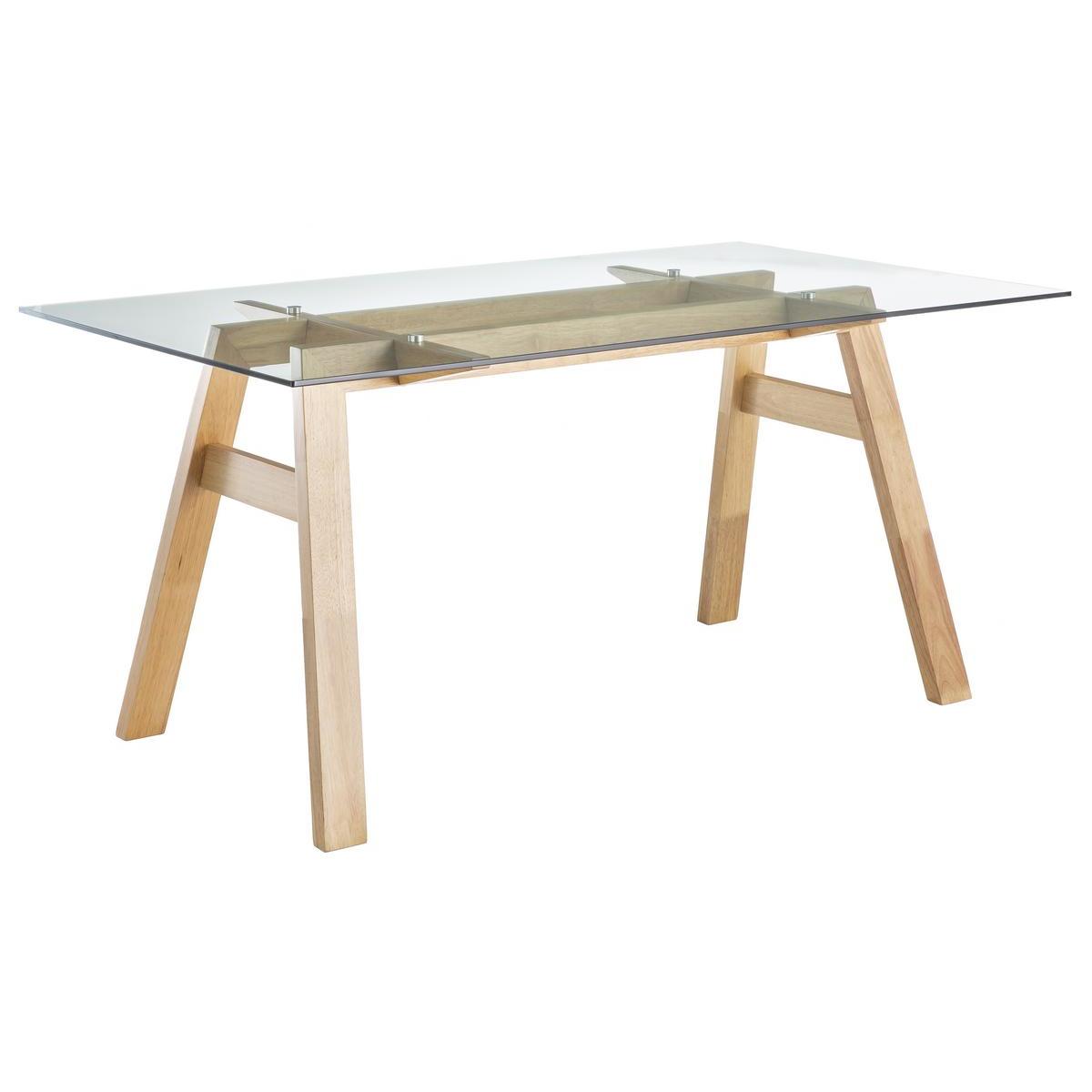 Table à manger design en verre transparent et bois clair L160 cm BACCO