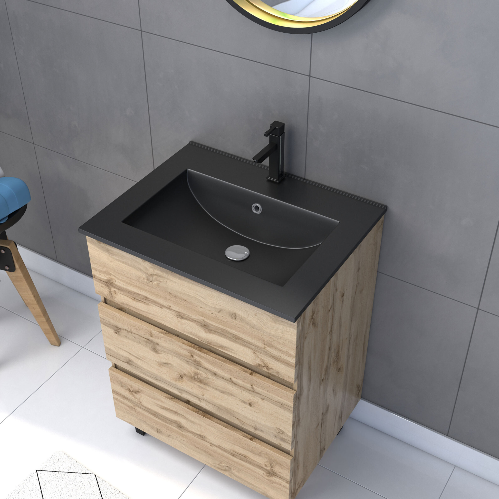 Pack Meuble SDB 60cm sur pieds 3 tiroirs Chene_Vasque noire + Miroir Barber - TIMBER 60 - Pack40