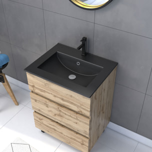 Pack Meuble SDB 60cm sur pieds 3 tiroirs Chene_Vasque noire + Miroir Barber - TIMBER 60 - Pack40