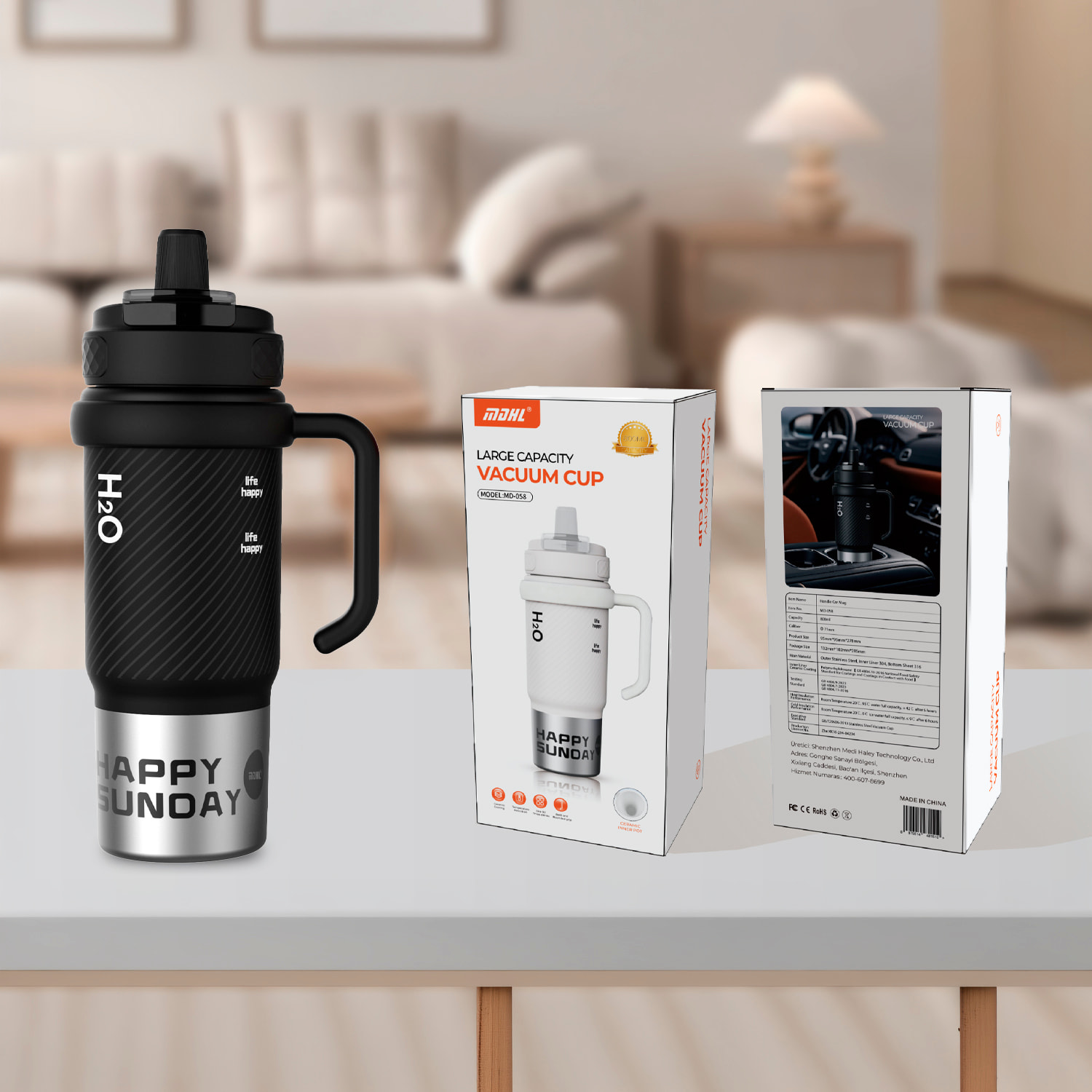 Termo MD-058 de 800 ml con sellado antifugas, filtro colador integrado y pajita incluida. Tapa con doble apertura, asa de transporte e interior de acero inoxidable.