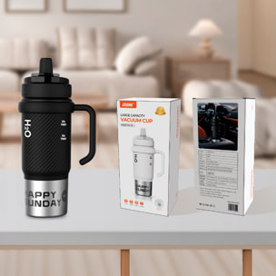Termo MD-058 de 800 ml con sellado antifugas, filtro colador integrado y pajita incluida. Tapa con doble apertura, asa de transporte e interior de acero inoxidable.
