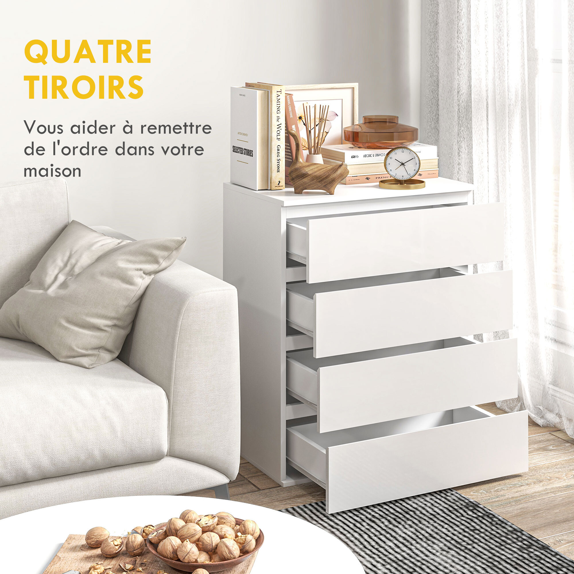 Commode 4 tiroirs dim. 60L x 40l x 80H cm blanc