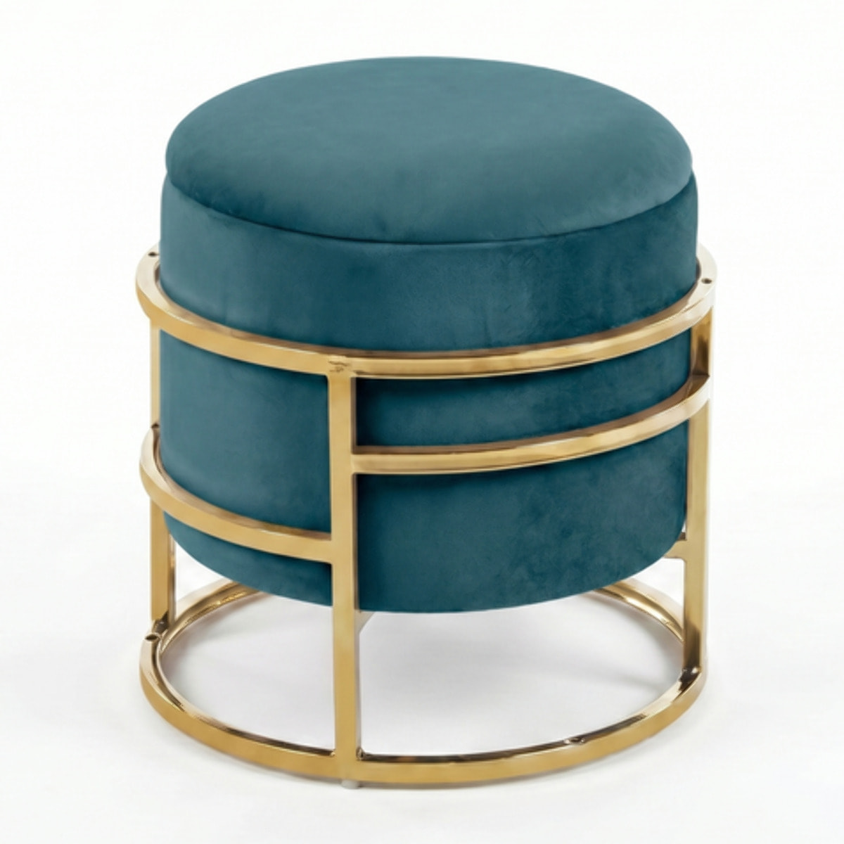 Pouf Contenitore Rotondo in Velluto con Coperchio e Base in Acciaio Dorata, Seduta Imbottita con Vano Contenitore dallo Stile Elegante per Soggiorno, Camera da Letto e Ingresso