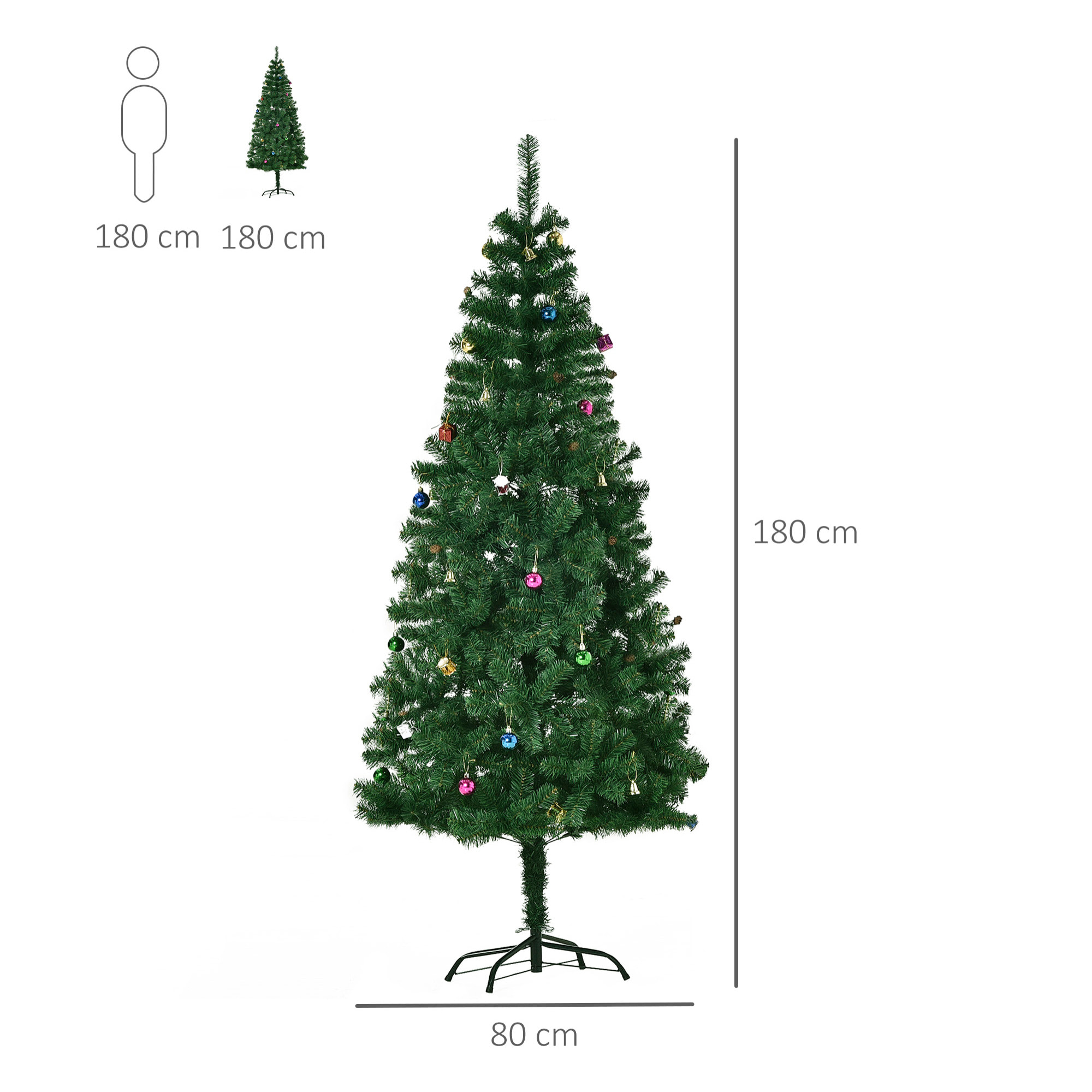 árbol de Navidad 180cm Artificial Pino con Adornos Decorativos 48 Pcs y Soporte Metálico Color Verde árbol Realista para Decoración Navidad
