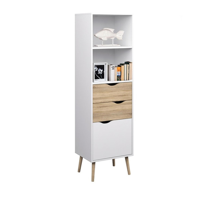 Libreria in stile scandi a due ripiani due cassetti e un'antina, colore bianco e rovere, Misure 50 x 171 x 39 cm