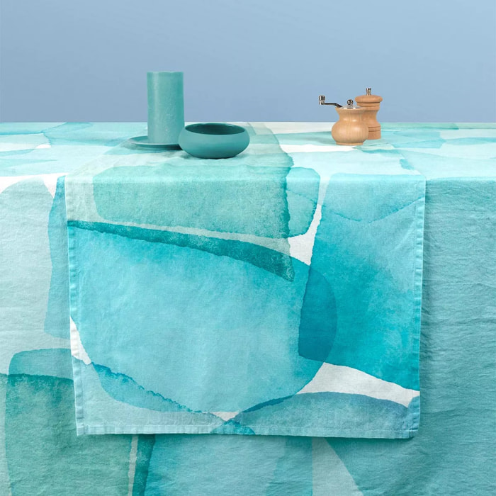 Chemin de table lin & coton lavé 150 g/m² imprimé bleu vert Aqua mineral