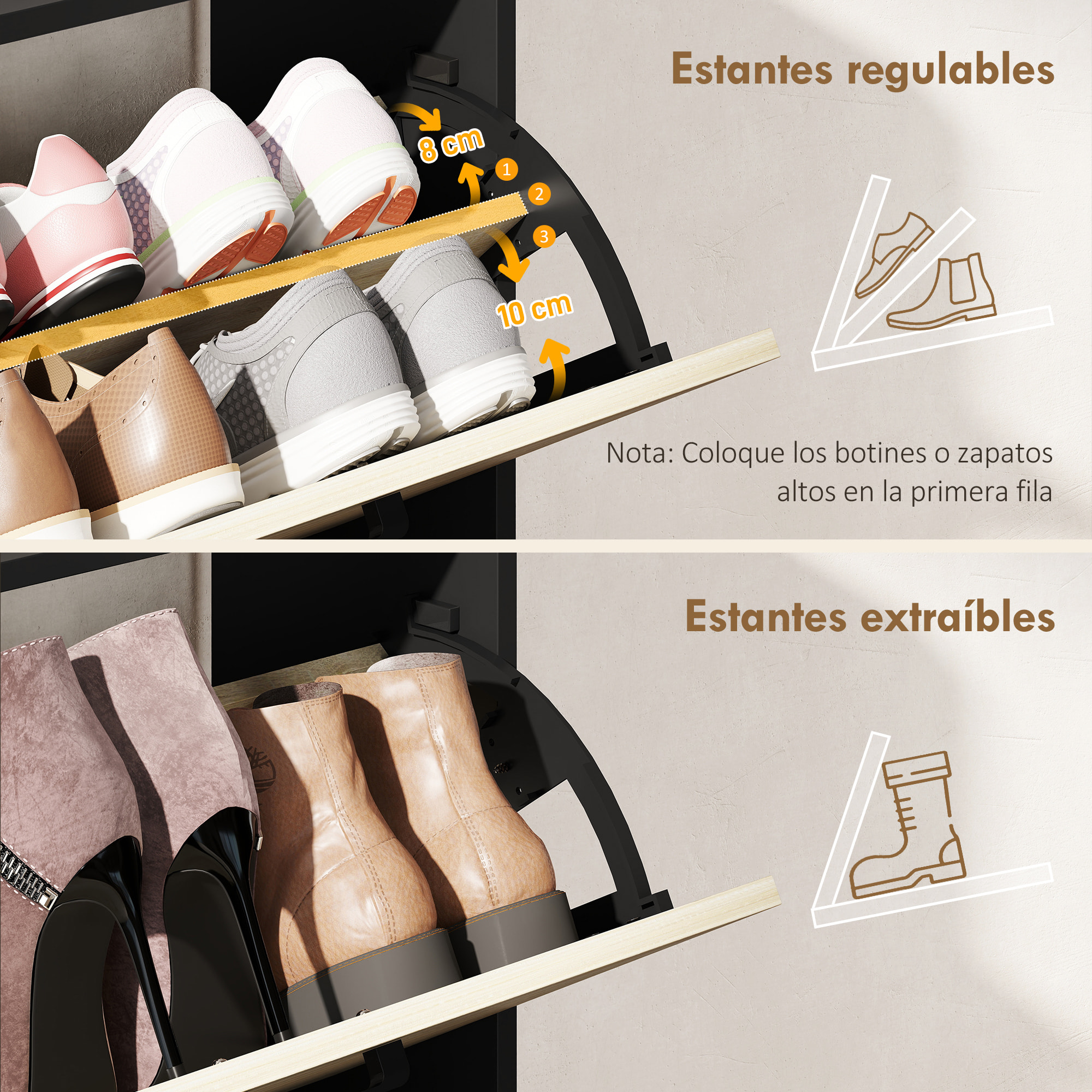 Zapatero Estrecho 2 Puertas, Zapatero Entrada Recibidor con 3 Estantes Laterales y Estantes Ajustables, para 15 Pares de Zapatos, para Pasillo, Espacio Reducido, 83x24x90,5 cm, Natural y Negro