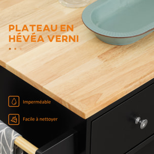 Desserte de cuisine multi rangements 2 tiroirs placard 2 portes avec étagère 3 range-bouteilles porte-torchons MDF noir hévéa