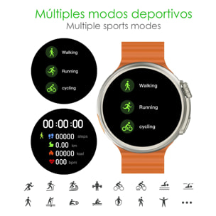 Smartwatch Z78 Ultra con corona multifunción inteligente, widgets personalizables, acceso directo a Siri. Termómetro, O2 y tensión.