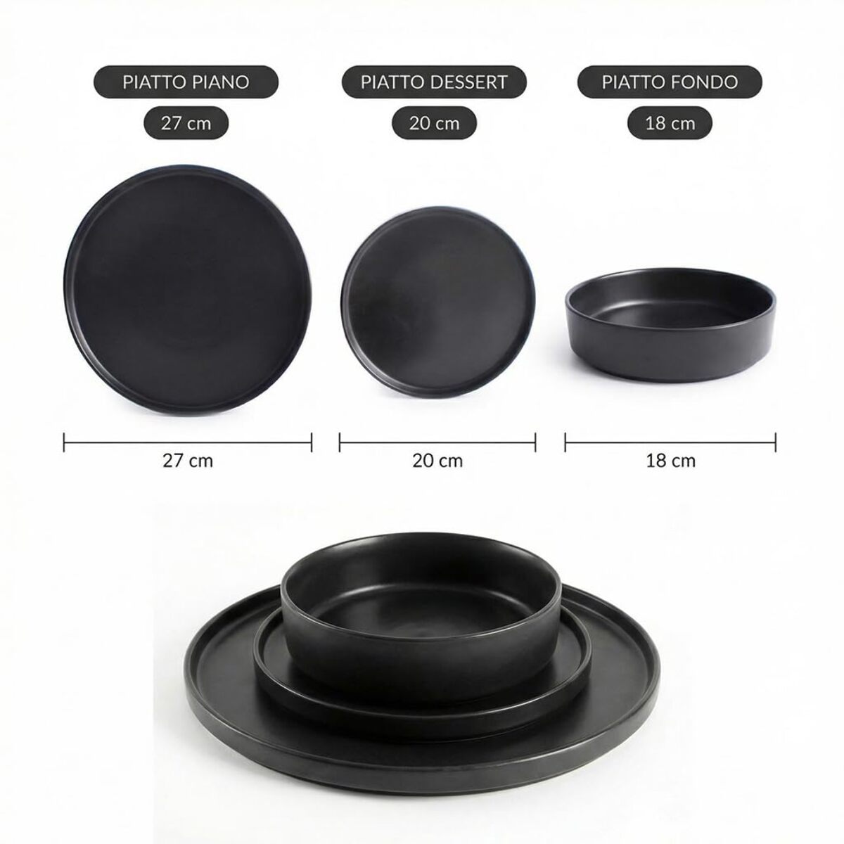 Set 18 piatti in ceramica - NERO