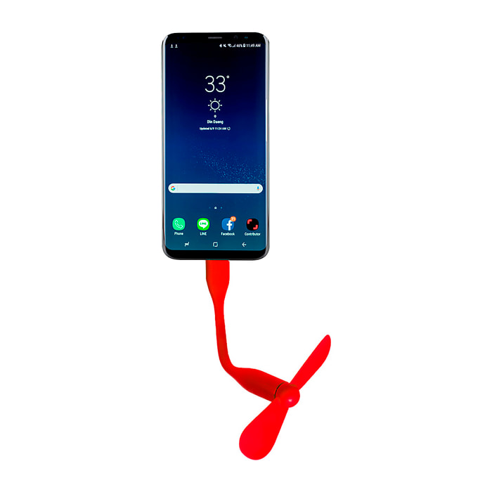 Ventilador flexible compatible con USB-C, con cuello orientable para dirigir el flujo de aire. Compacto, ligero y sin necesidad de baterías, ideal para smartphones, portátiles y baterías externas.