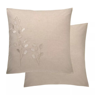 Taie d'oreiller pur coton lavé tissé teint brodé beige Monnaie du pape naturel