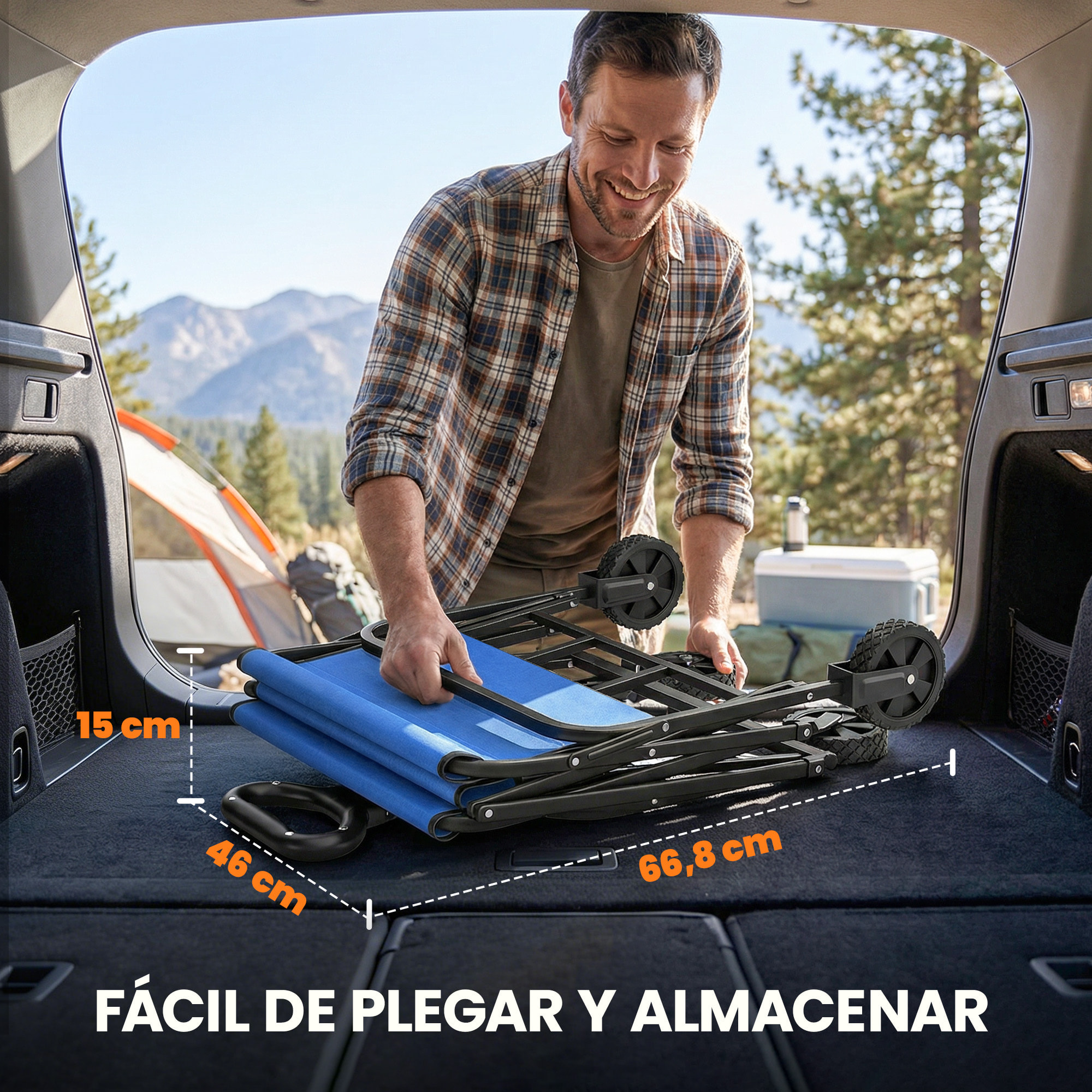 Carro Playa con Ruedas, Carro de Jardín Plegable con Mango Ajustable, Marco de Metal, Carga 68 kg, Carrito Transporte para Todo Terreno, Jardín, Campaña, Compra, Azul