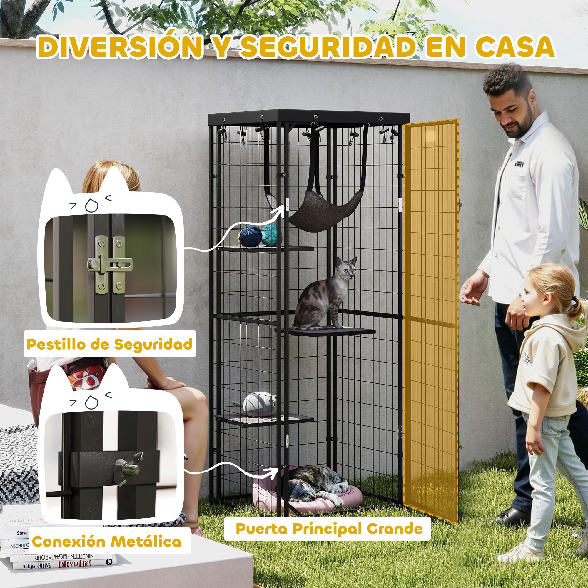 Jaula para Gatos para Exterior e Interior Recinto para Gatos con Cubierta Impermeable 3 Plataformas Hamaca Cojines y Puerta 61,5x55x157 cm Negro