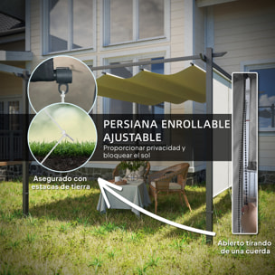 Pérgola de Jardín 4x3 m con Techo Retráctil y 3 Laterales Enrollables, Cenador de Jardín Montado en Pared o Independiente, con UPF30+, Estructura Metálica, Pabellón para Exterior, Beige