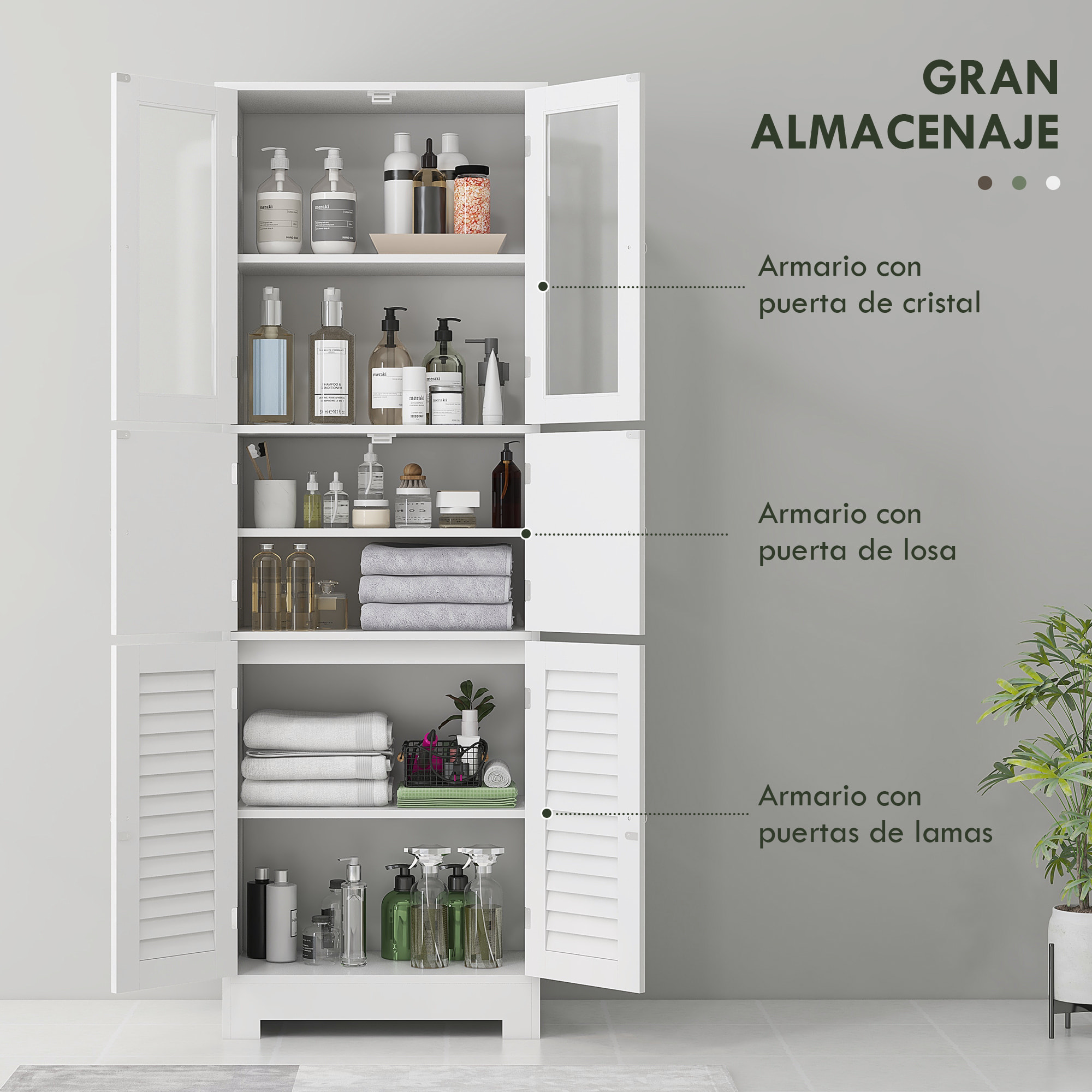 Columna de Baño Mueble Auxiliar de Baño con 6 Puertas Estantes Ajustables Antivuelco Armario de Baño Moderno 60x30x170,5 cm Blanco