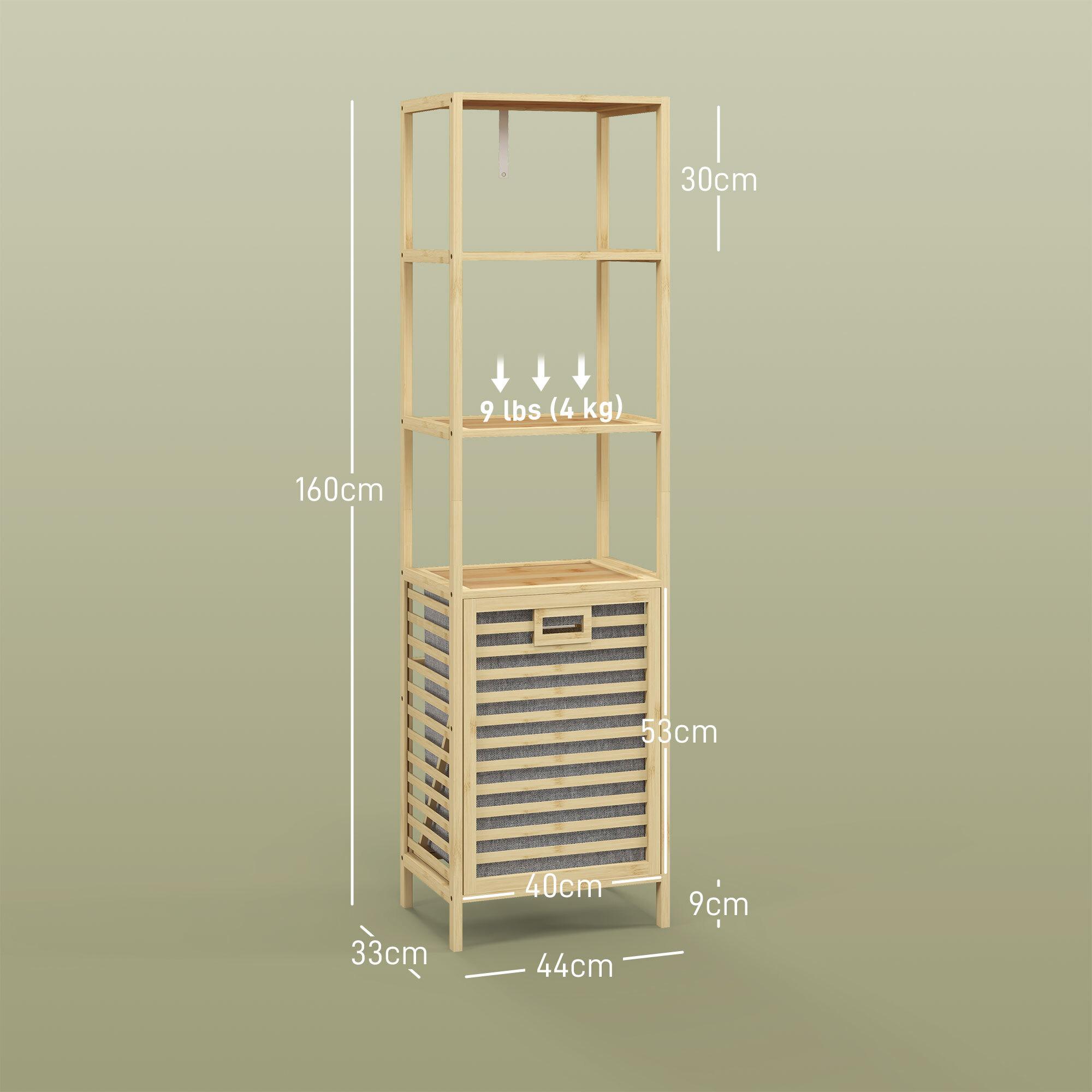 Estantería de Baño de Bambú Estantería de Almacenaje Mueble de Baño con 3 Estantes y 1 Cesto para Ropa Sucia Desmontable 44x33x160 cm Natural