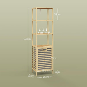 Estantería de Baño de Bambú Estantería de Almacenaje Mueble de Baño con 3 Estantes y 1 Cesto para Ropa Sucia Desmontable 44x33x160 cm Natural