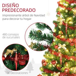 Árbol de Navidad Artificial 180 cm con 150 Luces LED con 8 Modos de Iluminación Árbol de Navideño de 480 Ramas con 100 Decoraciones Soporte de Acero Ø86x180 cm Verde