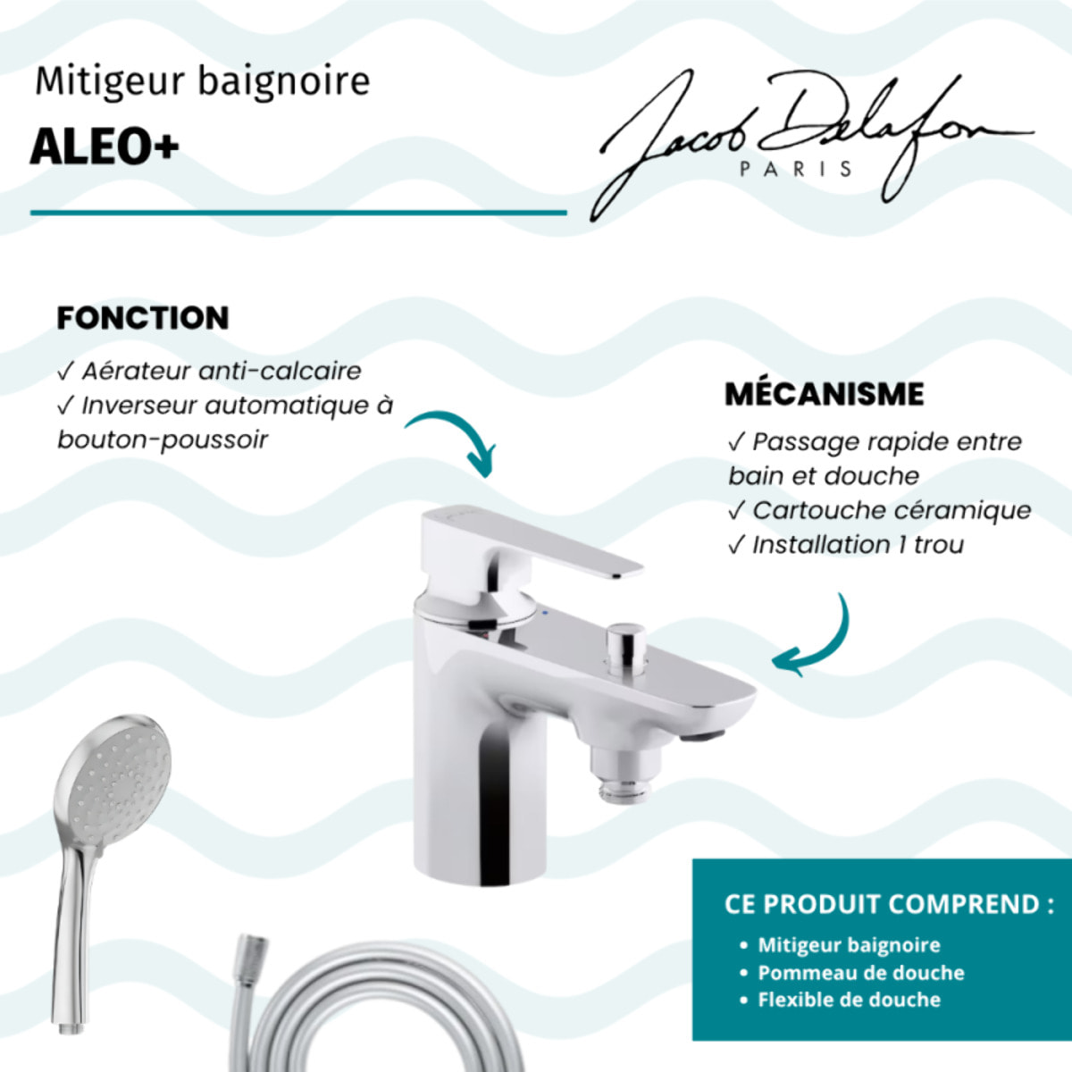 Mitigeur baignoire Aleo+ + pommeau de douche Awaken + flexible de douche lisse