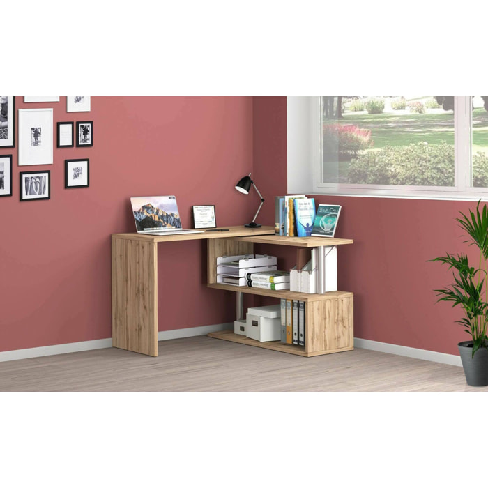 Scrivania Topazio, Scrittoio angolare porta PC, Tavolo multiuso per ufficio, Scrivania salvaspazio multiposizione, 100% Made in Italy, cm 120x50h75, Rovere