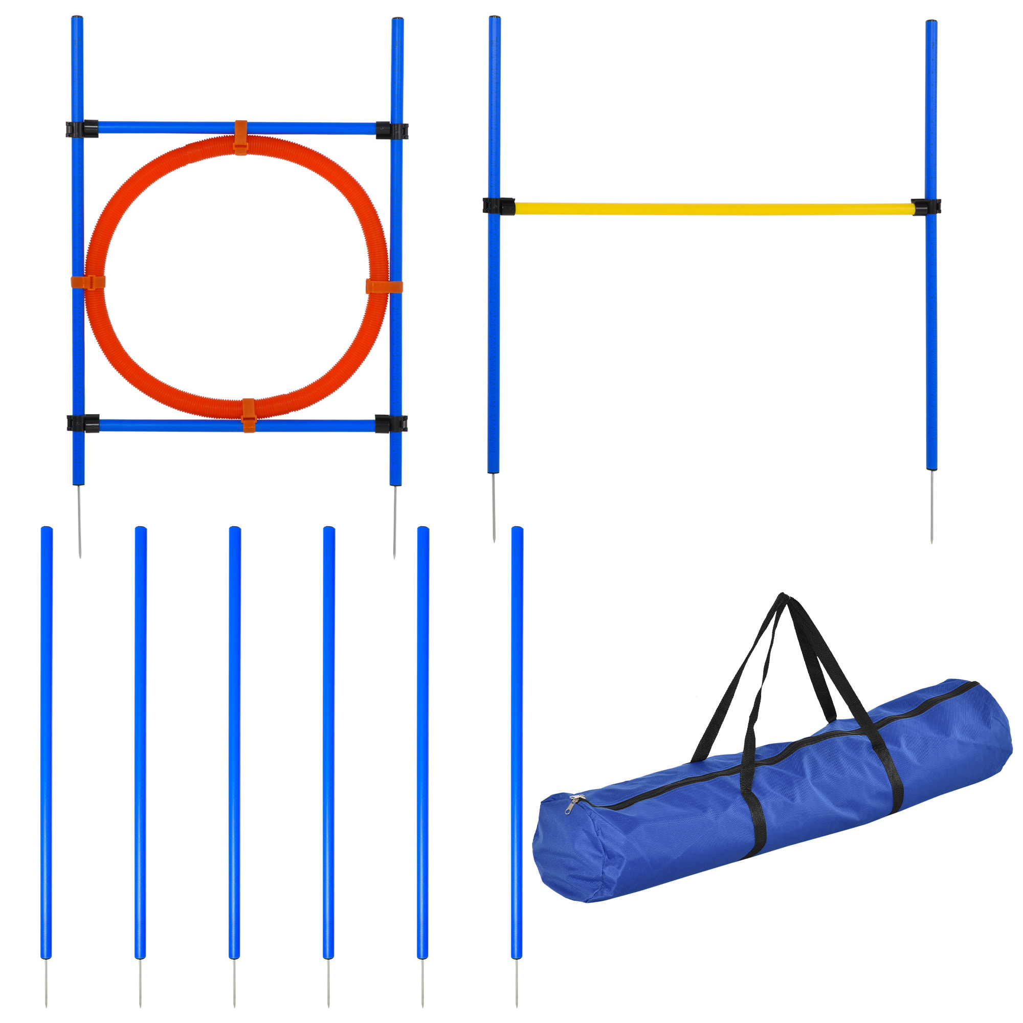 Agility sport pour chiens équipement complet : 6 poteaux slalom, obstacle, anneau + sac de transport bleu jaune rouge