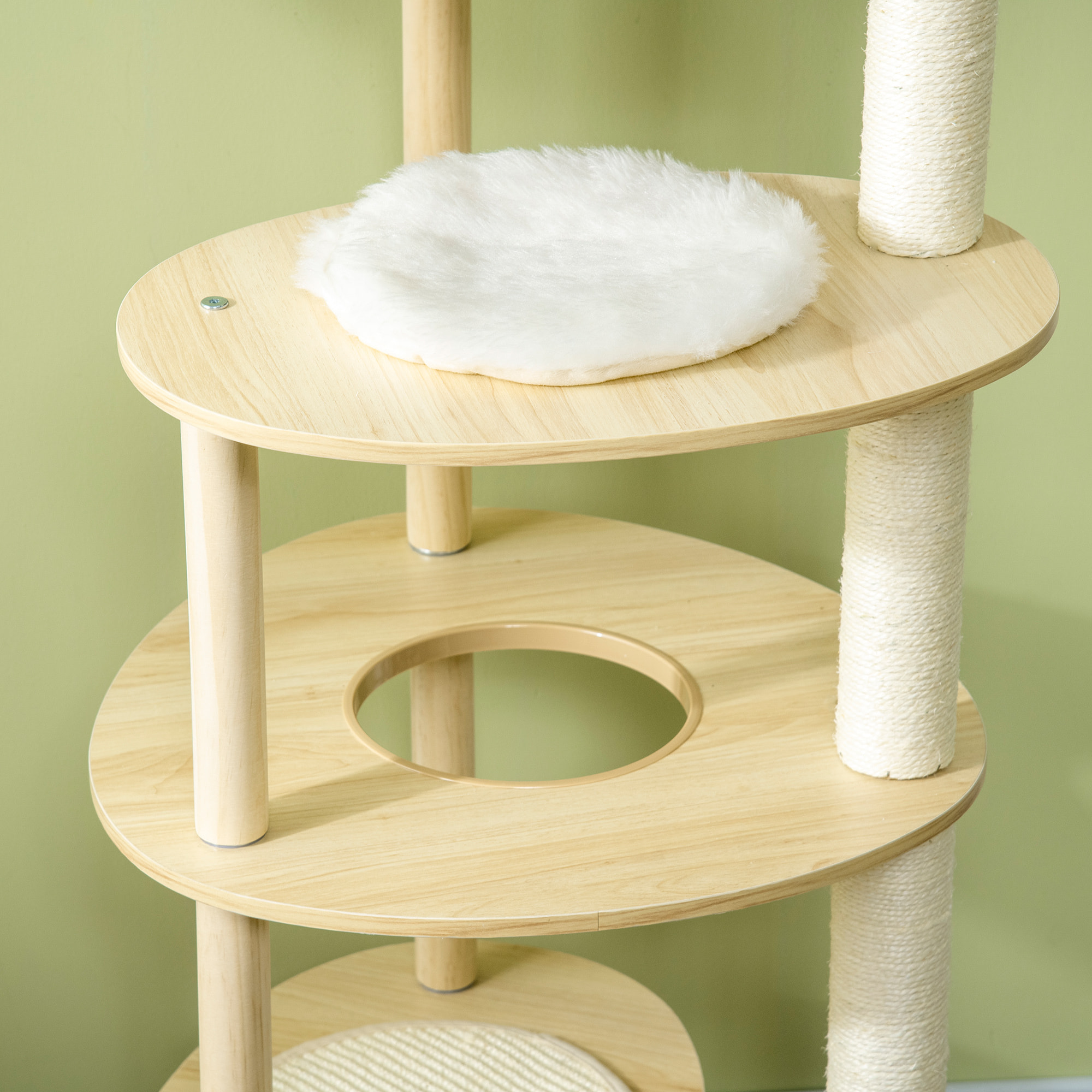 Arbre à chat style nordique griffoir sisal naturel 4 plateformes coussins panier d'observation amovible bois pin panneaux bois clair